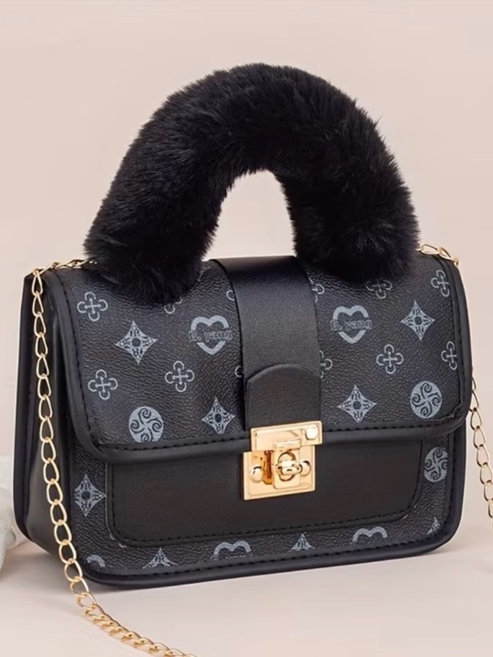 Black Faux-Fur Handle Chain Shoulder Bag - Picture 3 of 14